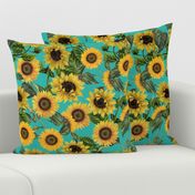 18" Vintage antiqued victorian romanticsm summer  sunflowers on teal , nostalgic sunflower fabric, sunflowers fabric, botany pattern tea towel