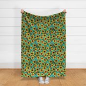 18" Vintage antiqued victorian romanticsm summer  sunflowers on teal , nostalgic sunflower fabric, sunflowers fabric, botany pattern tea towel