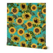 18" Vintage antiqued victorian romanticsm summer  sunflowers on teal , nostalgic sunflower fabric, sunflowers fabric, botany pattern tea towel