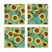 18" Vintage antiqued victorian romanticsm summer  sunflowers on teal , nostalgic sunflower fabric, sunflowers fabric, botany pattern tea towel