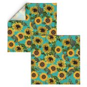 18" Vintage antiqued victorian romanticsm summer  sunflowers on teal , nostalgic sunflower fabric, sunflowers fabric, botany pattern tea towel