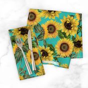 18" Vintage antiqued victorian romanticsm summer  sunflowers on teal , nostalgic sunflower fabric, sunflowers fabric, botany pattern tea towel