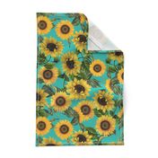 18" Vintage antiqued victorian romanticsm summer  sunflowers on teal , nostalgic sunflower fabric, sunflowers fabric, botany pattern tea towel