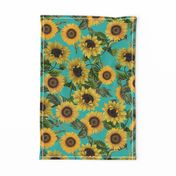 18" Vintage antiqued victorian romanticsm summer  sunflowers on teal , nostalgic sunflower fabric, sunflowers fabric, botany pattern tea towel