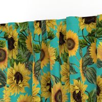 18" Vintage antiqued victorian romanticsm summer  sunflowers on teal , nostalgic sunflower fabric, sunflowers fabric, botany pattern tea towel