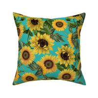 18" Vintage antiqued victorian romanticsm summer  sunflowers on teal , nostalgic sunflower fabric, sunflowers fabric, botany pattern tea towel