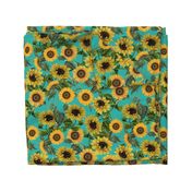 18" Vintage antiqued victorian romanticsm summer  sunflowers on teal , nostalgic sunflower fabric, sunflowers fabric, botany pattern tea towel