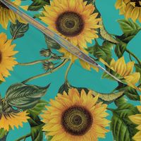 18" Vintage antiqued victorian romanticsm summer  sunflowers on teal , nostalgic sunflower fabric, sunflowers fabric, botany pattern tea towel