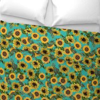 18" Vintage antiqued victorian romanticsm summer  sunflowers on teal , nostalgic sunflower fabric, sunflowers fabric, botany pattern tea towel