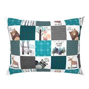 4.5 " BLOCKS- Woodland Critters Patchwork Quilt - Bear Moose Fox Raccoon Wolf, Teal, Black & Gray Design GingerLous