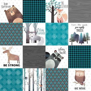 4.5 " BLOCKS- Woodland Critters Patchwork Quilt - Bear Moose Fox Raccoon Wolf, Teal, Black & Gray Design GingerLous