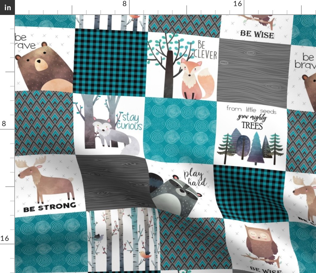 4.5 " BLOCKS- Woodland Critters Patchwork Quilt - Bear Moose Fox Raccoon Wolf, Teal, Black & Gray Design GingerLous