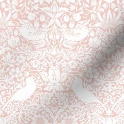Strawberry Thief by William Morris - MEDIUM - white pink Adapation With linen Effect Antiqued art nouveau deco