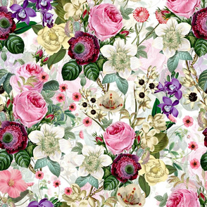 Nostalgic Red Pierre-Joseph Redouté Flowers, Antique Bloom Bouquets, Vintage Home Decor,   English Rose Springflowers Fabric on White