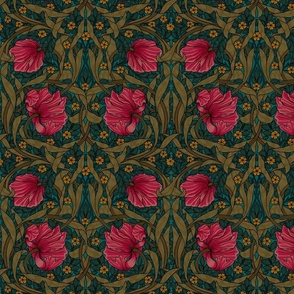 Pimpernel - SMALL 10"  - historic reconstructed damask wallpaper by William Morris -  autumnal teal and pink antiqued restored reconstruction  art nouveau art deco