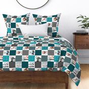 4.5 " BLOCKS- Woodland Critters Patchwork Quilt  ROTATED - Bear Moose Fox Raccoon Wolf, Teal, Black & Gray Design GingerLous