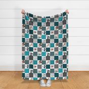 4.5 " BLOCKS- Woodland Critters Patchwork Quilt  ROTATED - Bear Moose Fox Raccoon Wolf, Teal, Black & Gray Design GingerLous