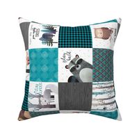 4.5 " BLOCKS- Woodland Critters Patchwork Quilt  ROTATED - Bear Moose Fox Raccoon Wolf, Teal, Black & Gray Design GingerLous