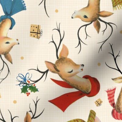 Vintage Reindeer on Holiday Gold Linen - Retro Christmas - LARGE Scale