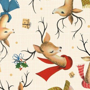 Vintage Reindeer on Holiday Gold Linen - Retro Christmas - LARGE Scale