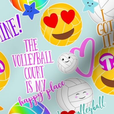 girly volleyball kawaii emoji typography pattern - light teal - medium