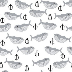 whale and anchor - nautical, nursery, baby, whales, ocean animals, animal, animals -  grey
