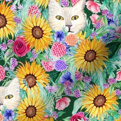 Sunflower floral with cats, dahlia, rose, anemone and beauty berry floral in watercolor