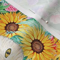 Sunflower floral with cats, dahlia, rose, anemone and beauty berry floral in watercolor