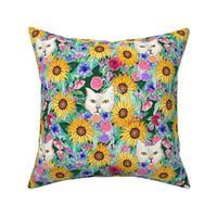 Sunflower floral with cats, dahlia, rose, anemone and beauty berry floral in watercolor