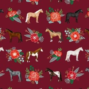 christmas horse fabric - bloom, floral, florals, holiday, red, maroon, burgundy christmas farm animal fabric