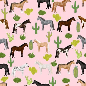 horse cactus fabric - texas, cowgirl, cowboy, kids, western, horses, farm, fabric - pink
