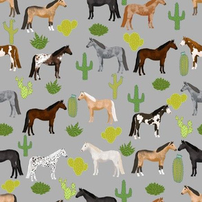 horse cactus fabric - texas, cowgirl, cowboy, kids, western, horses, farm, fabric - grey