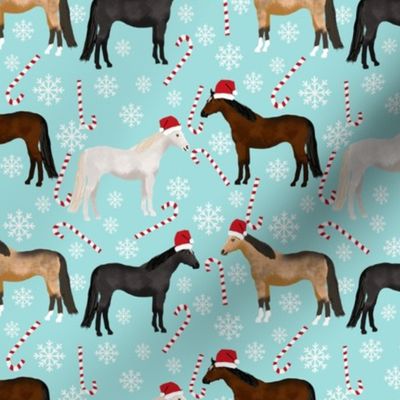 horses christmas fabric - holiday, xmas, christmas, candy cane,  peppermint stick, snowflake, christmas, winter - blue