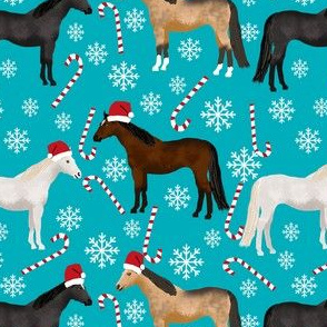 horses christmas fabric - holiday, xmas, christmas, candy cane,  peppermint stick, snowflake, christmas, winter -teal