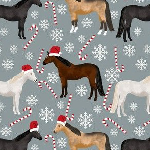 horses christmas fabric - holiday, xmas, christmas, candy cane,  peppermint stick, snowflake, christmas, winter -grey