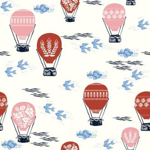 linocut hot air balloon // whimsical nature, cute floral, flowers, sky, clouds, bluebirds - red and pink