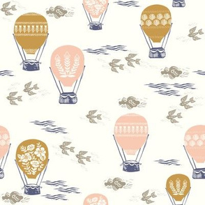 linocut hot air balloon // whimsical nature, cute floral, flowers, sky, clouds, bluebirds - 