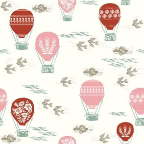 linocut hot air balloon // whimsical nature, cute floral, flowers, sky, clouds, bluebirds - red and pink