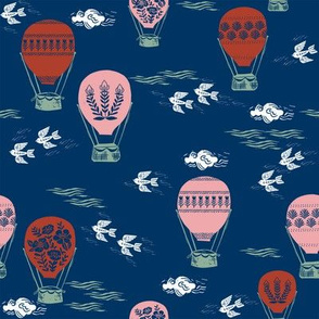 linocut hot air balloon // whimsical nature, cute floral, flowers, sky, clouds, bluebirds - navy