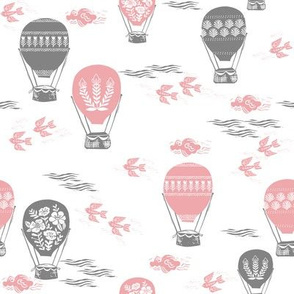 linocut hot air balloon // whimsical nature, cute floral, flowers, sky, clouds, bluebirds - pink and grey