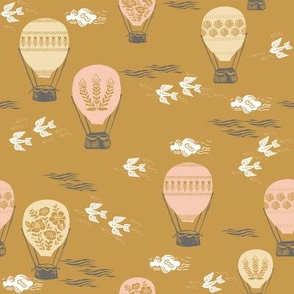 linocut hot air balloon // whimsical nature, cute floral, flowers, sky, clouds, bluebirds - mustard