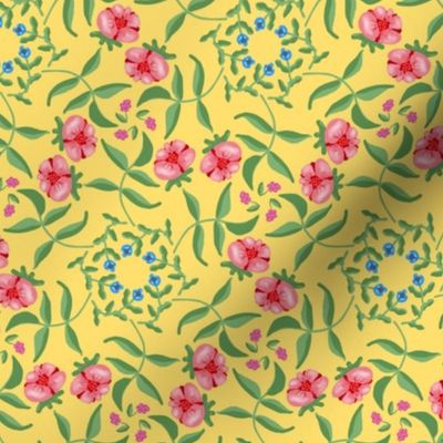 Victorian Garden Pink Flowers on Soft Yellow