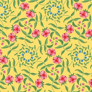 Victorian Garden Pink Flowers on Soft Yellow