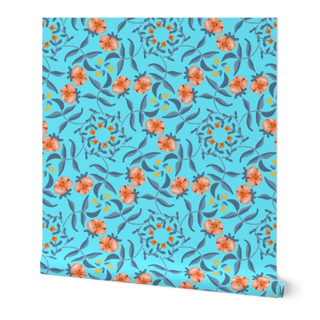 Victorian Garden Coral Flowers on Sky Blue with Grayed Blue Leaves