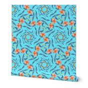 Victorian Garden Coral Flowers on Sky Blue with Grayed Blue Leaves