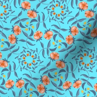 Victorian Garden Coral Flowers on Sky Blue with Grayed Blue Leaves