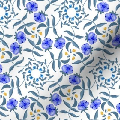 Victorian Garden Blue Flowers on White