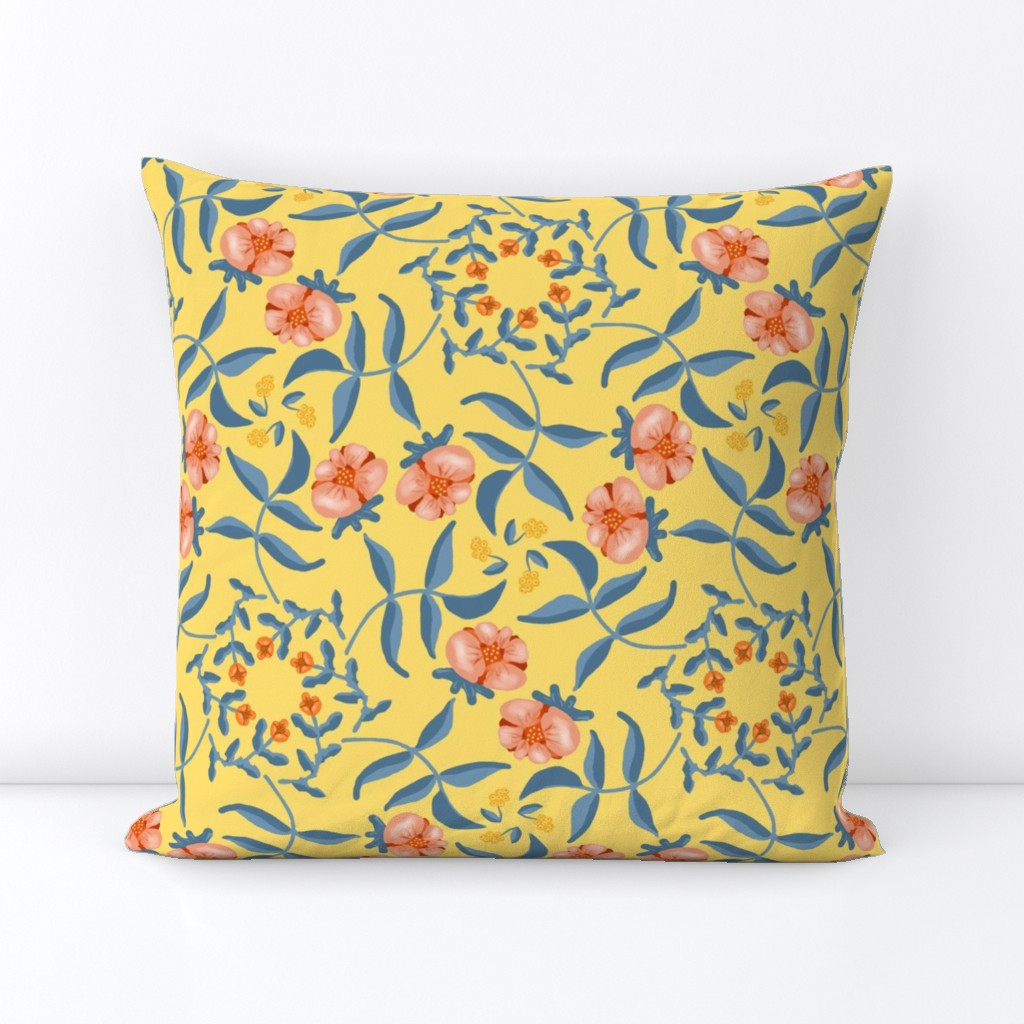 Victorian Garden Coral Flowers on Soft Yellow with Grayed Blue Leaves