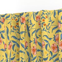 Victorian Garden Coral Flowers on Soft Yellow with Grayed Blue Leaves