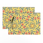 Victorian Garden Coral Flowers on Soft Yellow with Grayed Blue Leaves